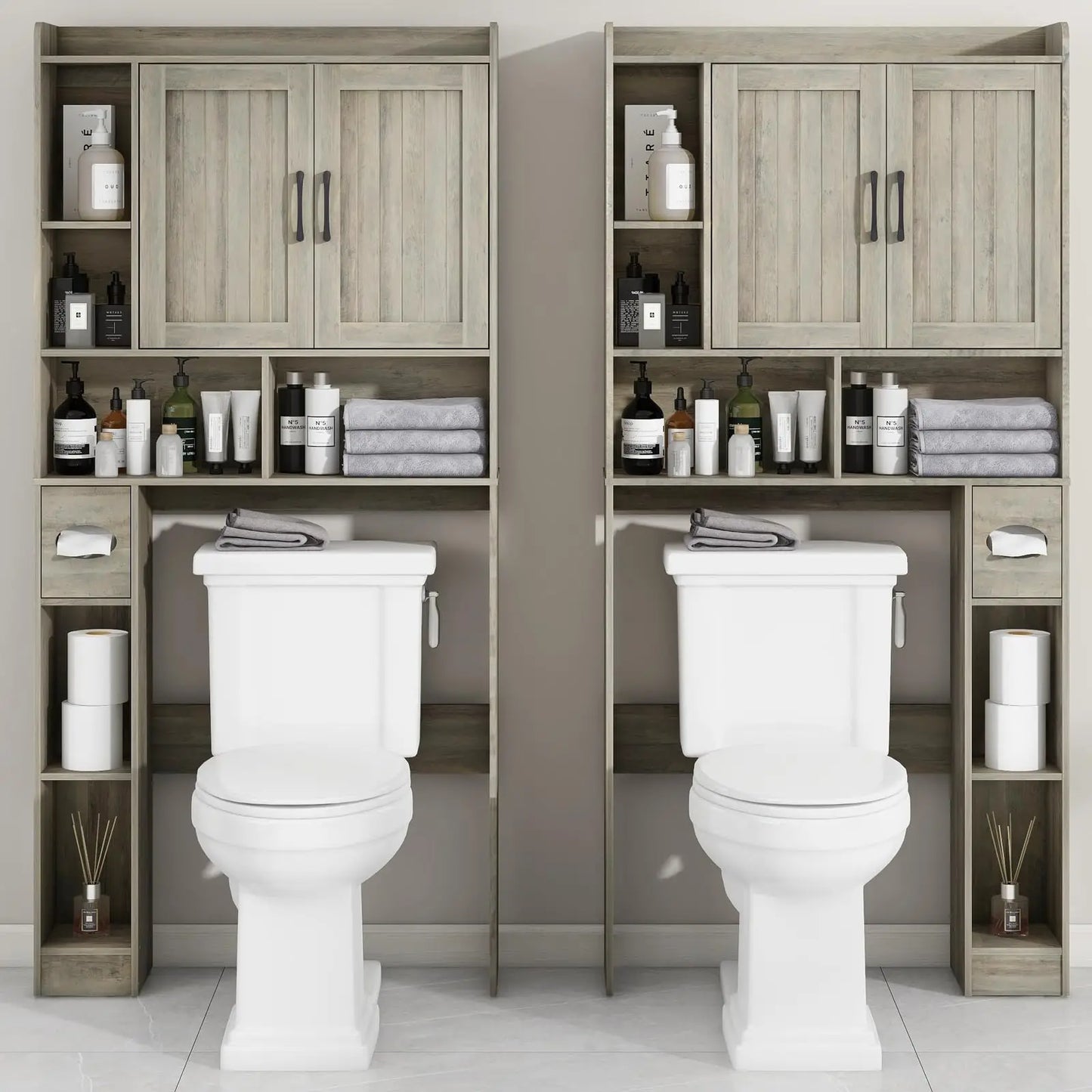 Bathroom Organizer Storage Wood Over The Toilet Storage Cabinet with Barn Doors &Toilet Paper Stand 67'' Tall Toilet Rack