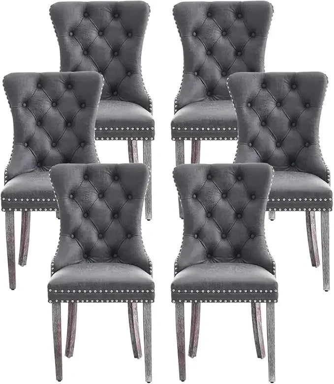 Leather Dining Chairs Set of 6, Upholstered Dining Room Chair with Nail head Trim and Solid Wood Legs, Luxury Wingback