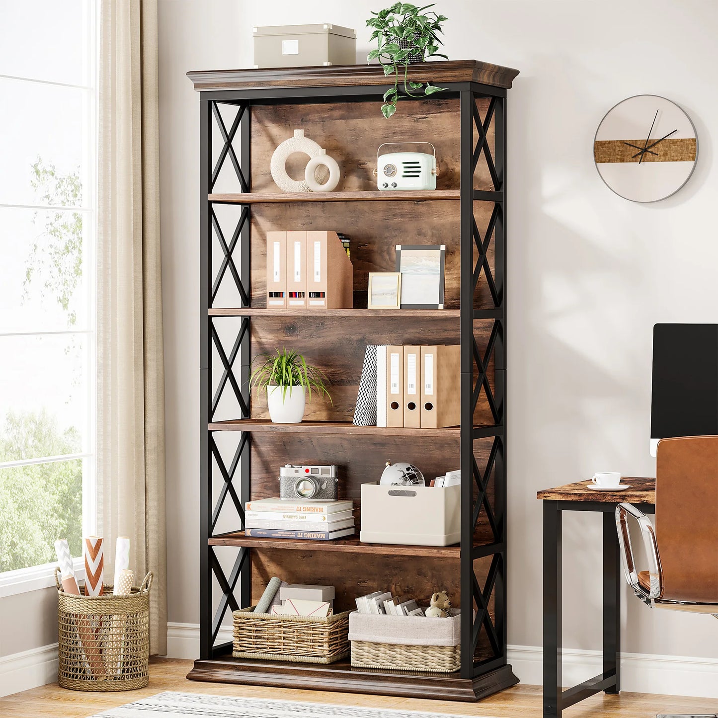 6-Tier Bookcase, 71 Inches Industrial Bookshelves and Bookcases, Floor Standing 5 Shelf Display Storage Shelves