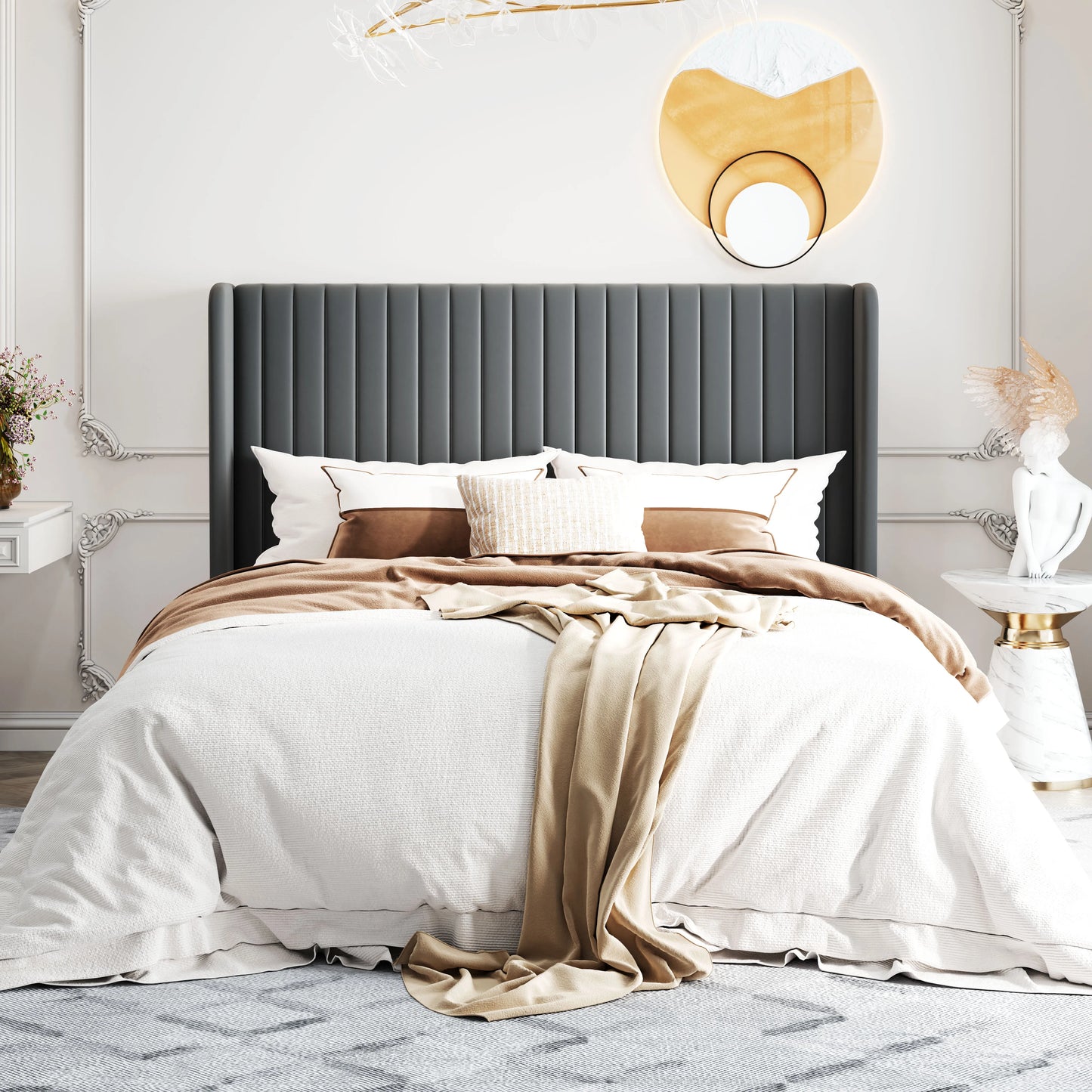 Velvet Upholstered Bed Frame, Vertical Channel Tufted Wingback Headboard, Wooden Slats