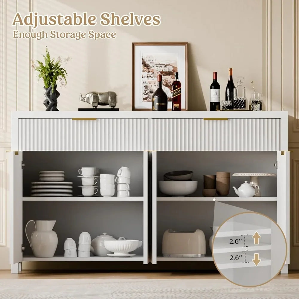 "White Fluted Storage Cabinet with Drawers – Buffet & Sideboard Design with Adjustable Shelves for Kitchen or Living Room"