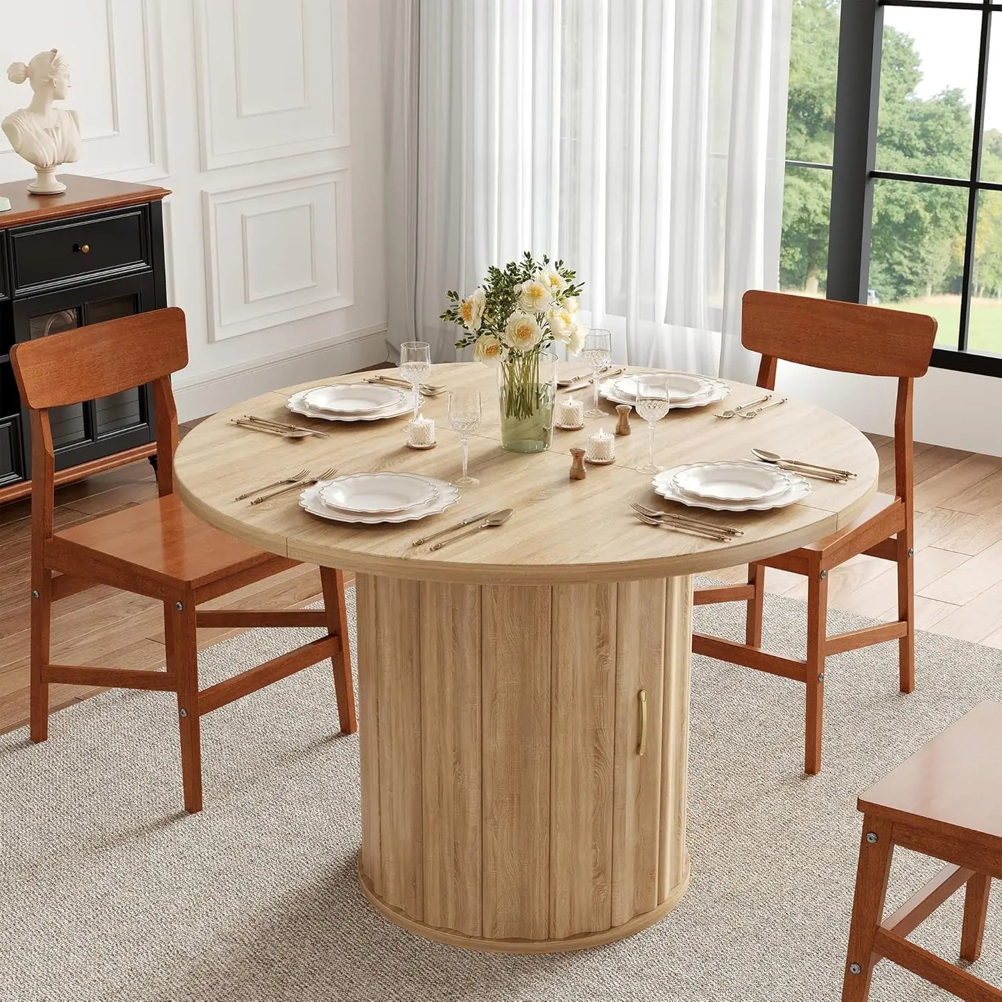 47 Inch Round Dining Table, Modern Round Wood Dining Table Rustic Kitchen Table for 4-6 People with Hidden Shelves for Dining