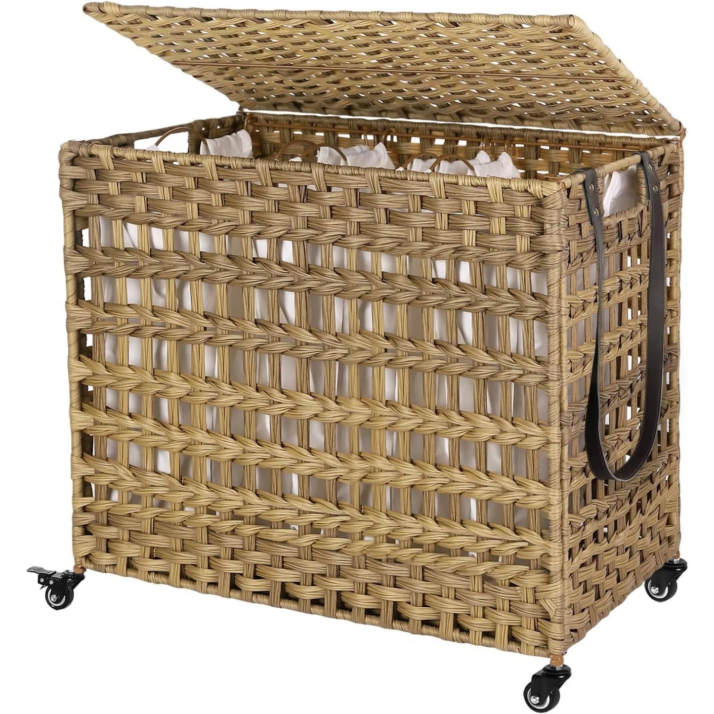 Laundry Hamper with Lid 140L Synthetic Rattan Laundry Basket with Wheels Clothes Hamper with 3Removable Liner Bags 3Section