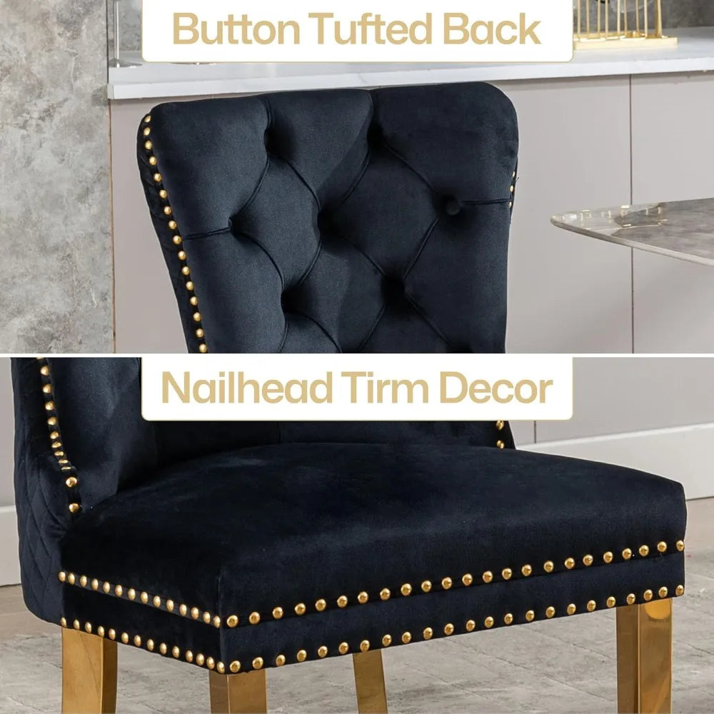 Velvet Dining Chairs Set of 2,  Dining Room Chairs with Gold Metal Legs and Lion Head Pull Ring