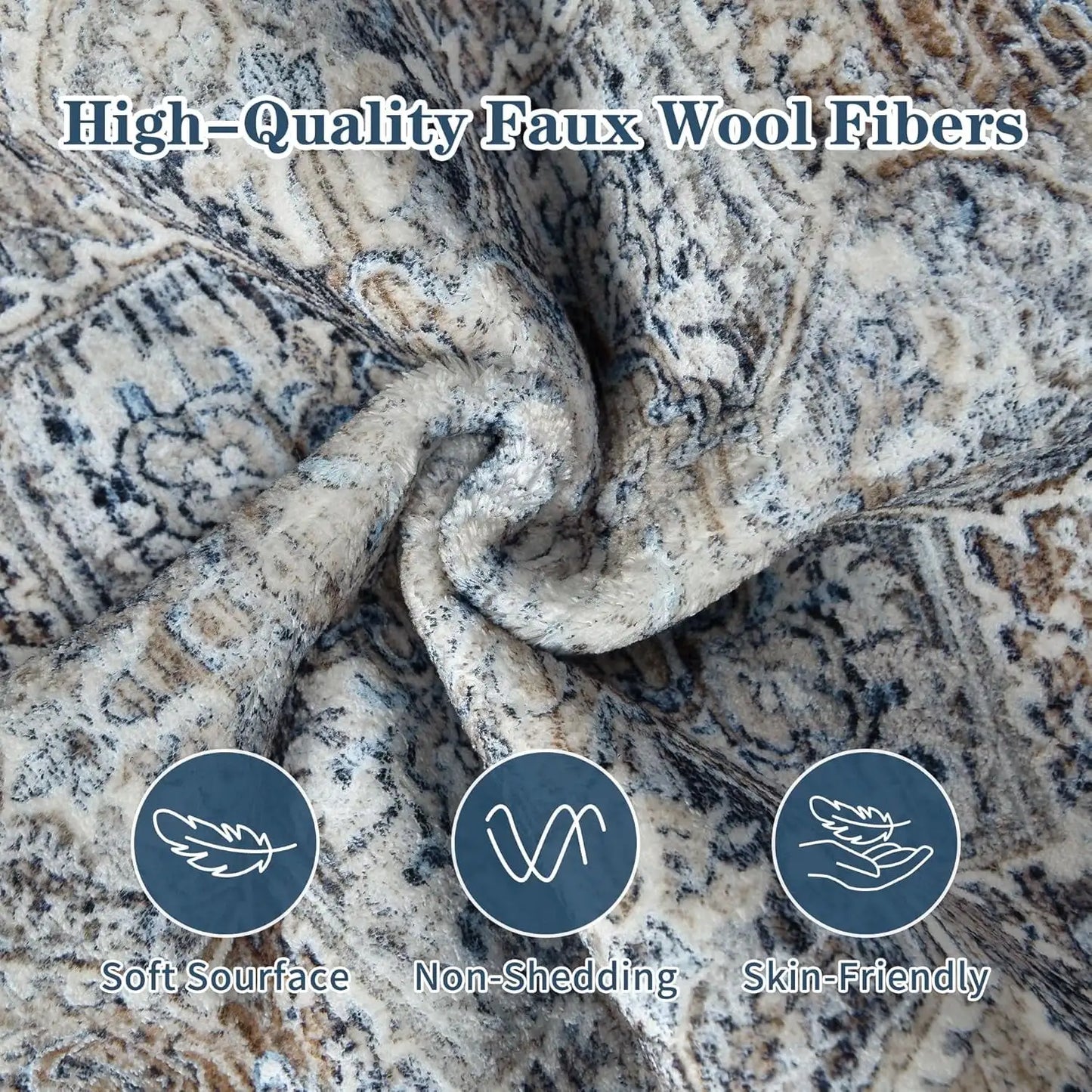 Faux Cashmere Vintage Printed Rug Area Rugs, Low Pile Rugs for Living Room Bedroom