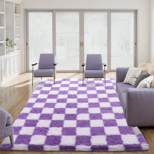 Fluffy Long Shag Plaid Area Rug for Bedroom, Living Room Washable , Super Soft Indoor Plush Rug.