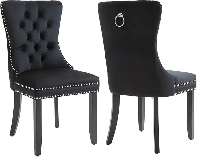 Velvet Upholstered Dining Chairs Set of 4 Wingback Kitchen Room Black Accent Chairs 4PC Solid Wood Leg