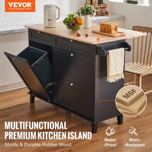 Kitchen Island Cart Breakfast Bar with Trash Cabinet