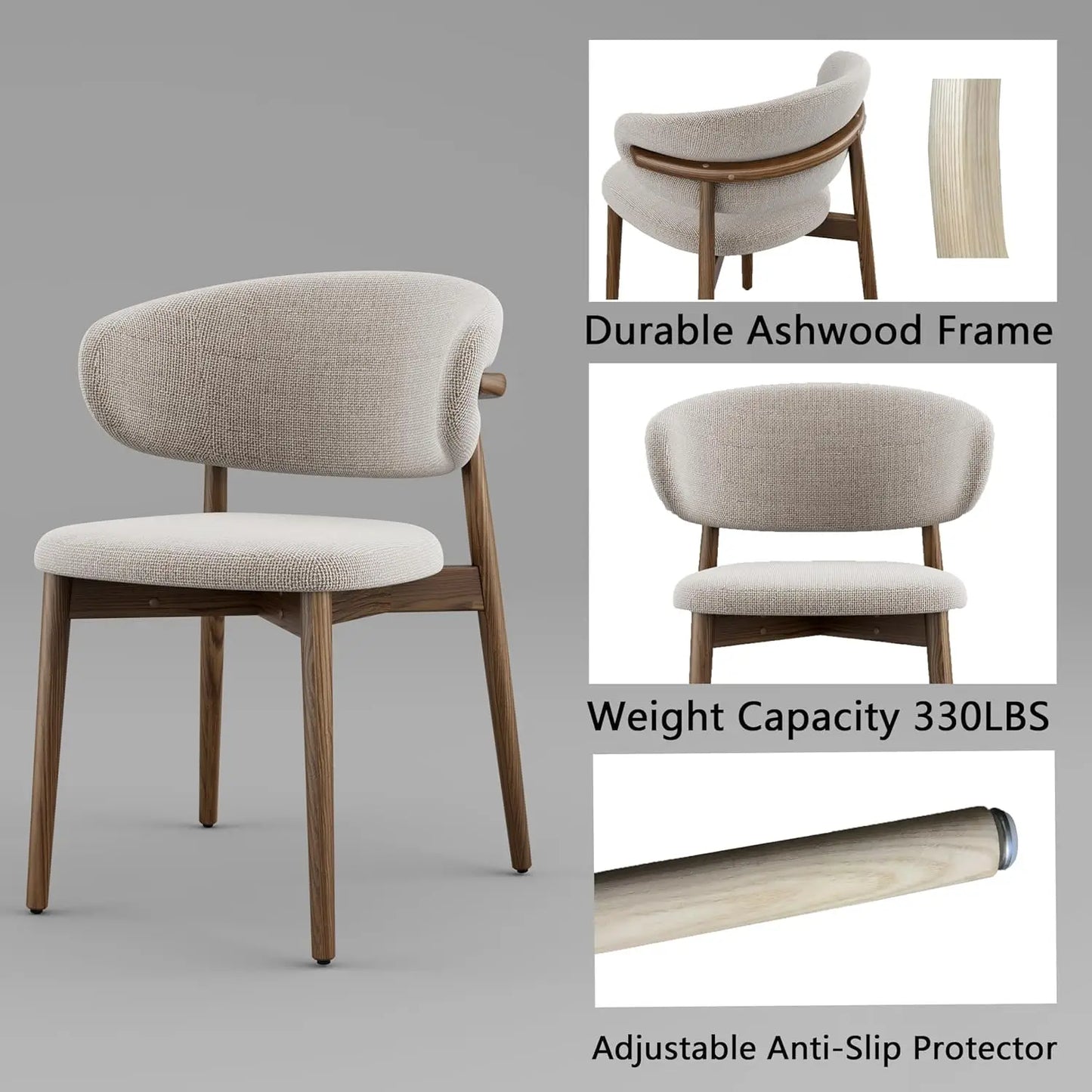 Solid Wood Dining Chairs Set of 2, Modern Upholstered Dining Chair with Curved Backrest, Natural Wood Legs