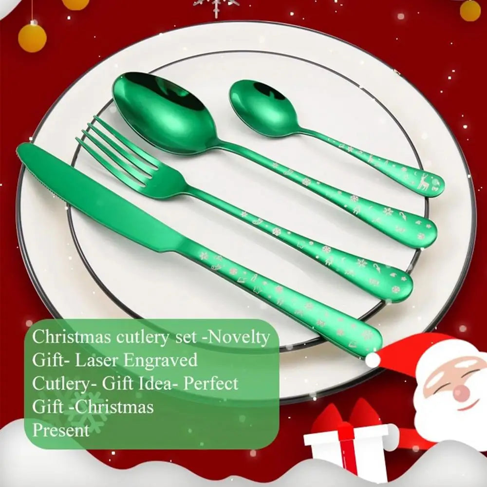 4pcs/set High Quality Christmas Flatware Set Stainless Steel Red Green Dinnerware Knife Fork Spoon Cutlery Dishwasher Safe