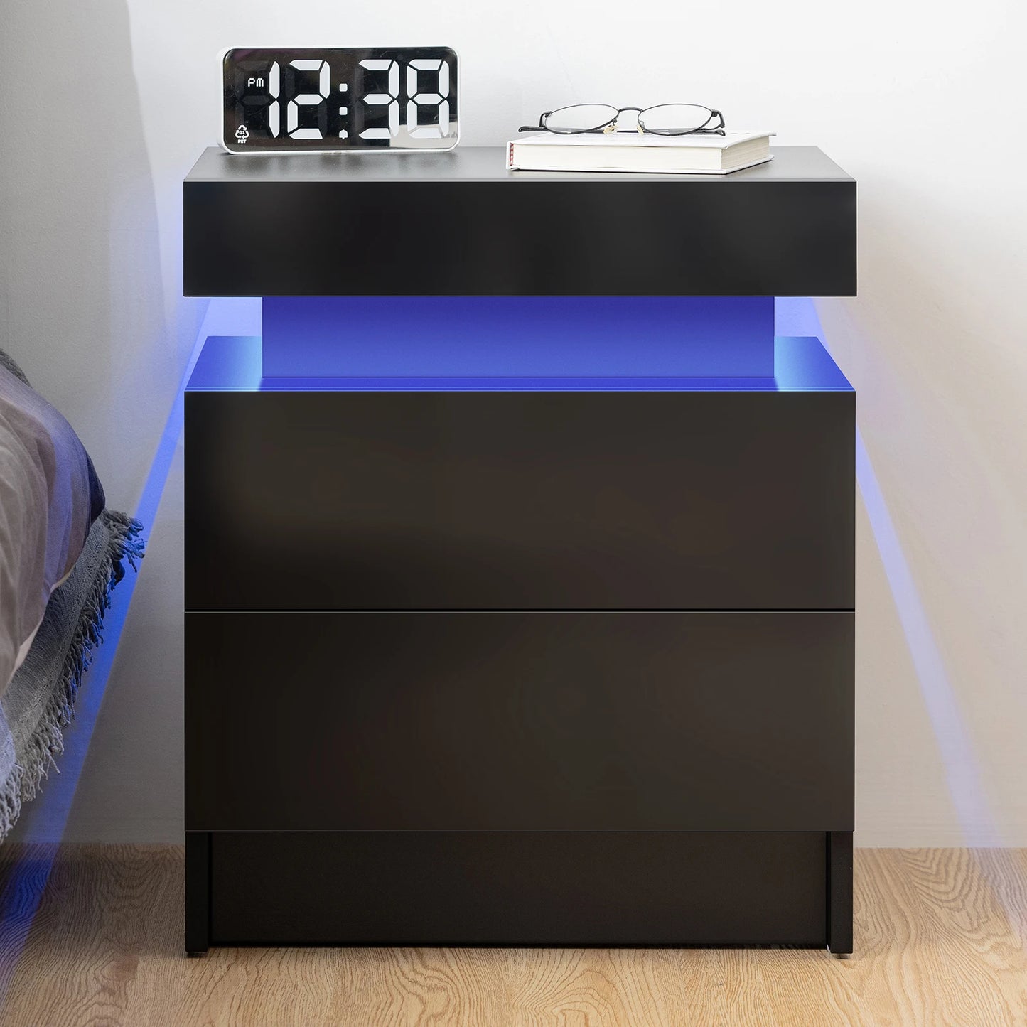 Nightstand RGB LED Light Bedside Table Cabinet with 2 Drawer Bedroom High Gloss