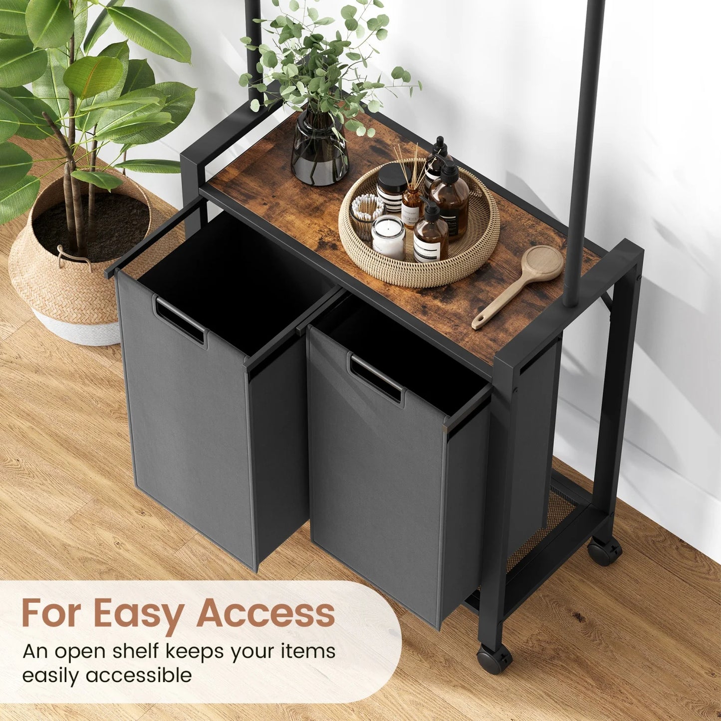 Laundry Sorter With Extendable Hanging Bar Laundry Basket With Wheels And Shelf, Laundry Room Organization And Storage