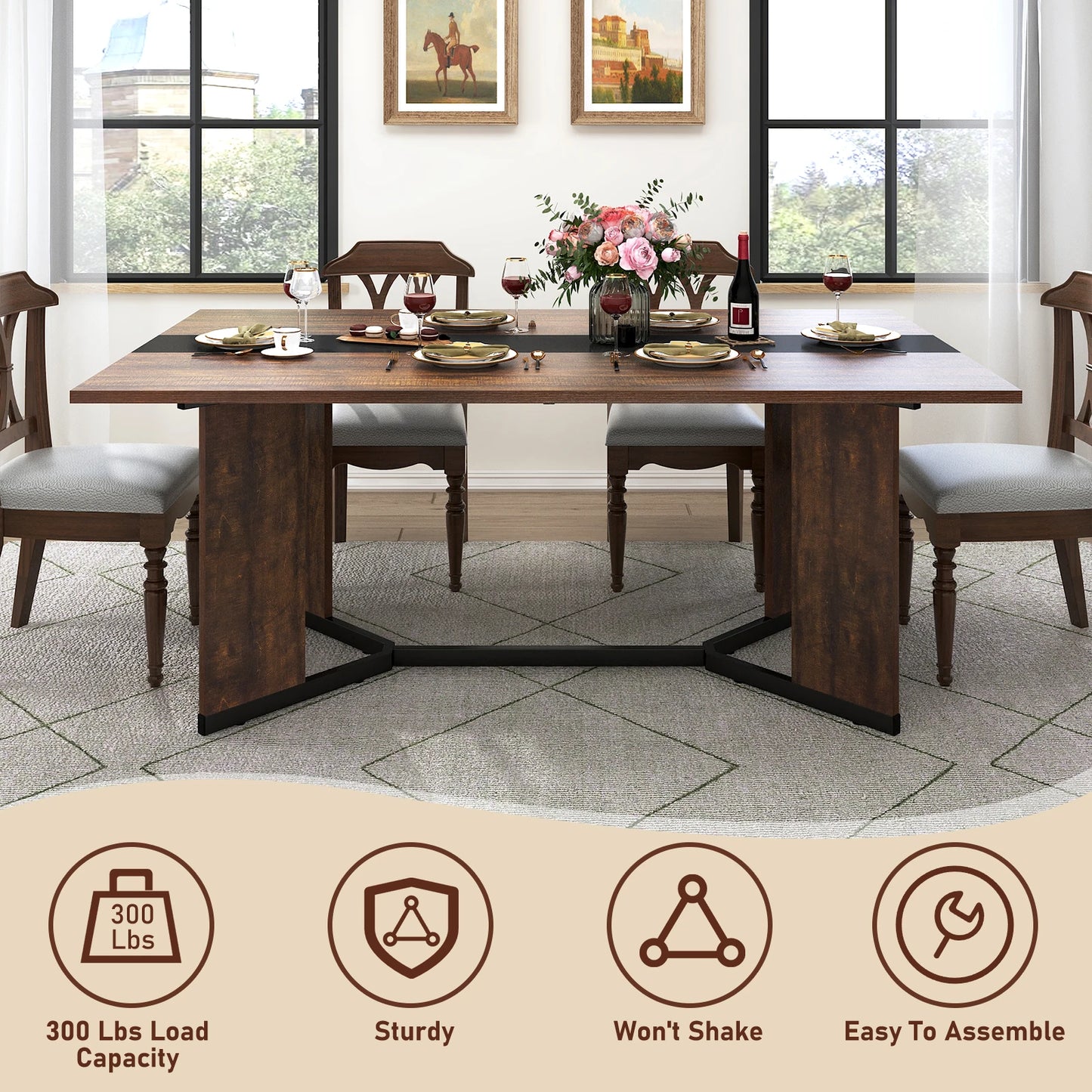 71In Large Rectangular White Dining Table for 4 5 6 8 10 People, w/Marble Color, Wood Tabletop, Metal Leg