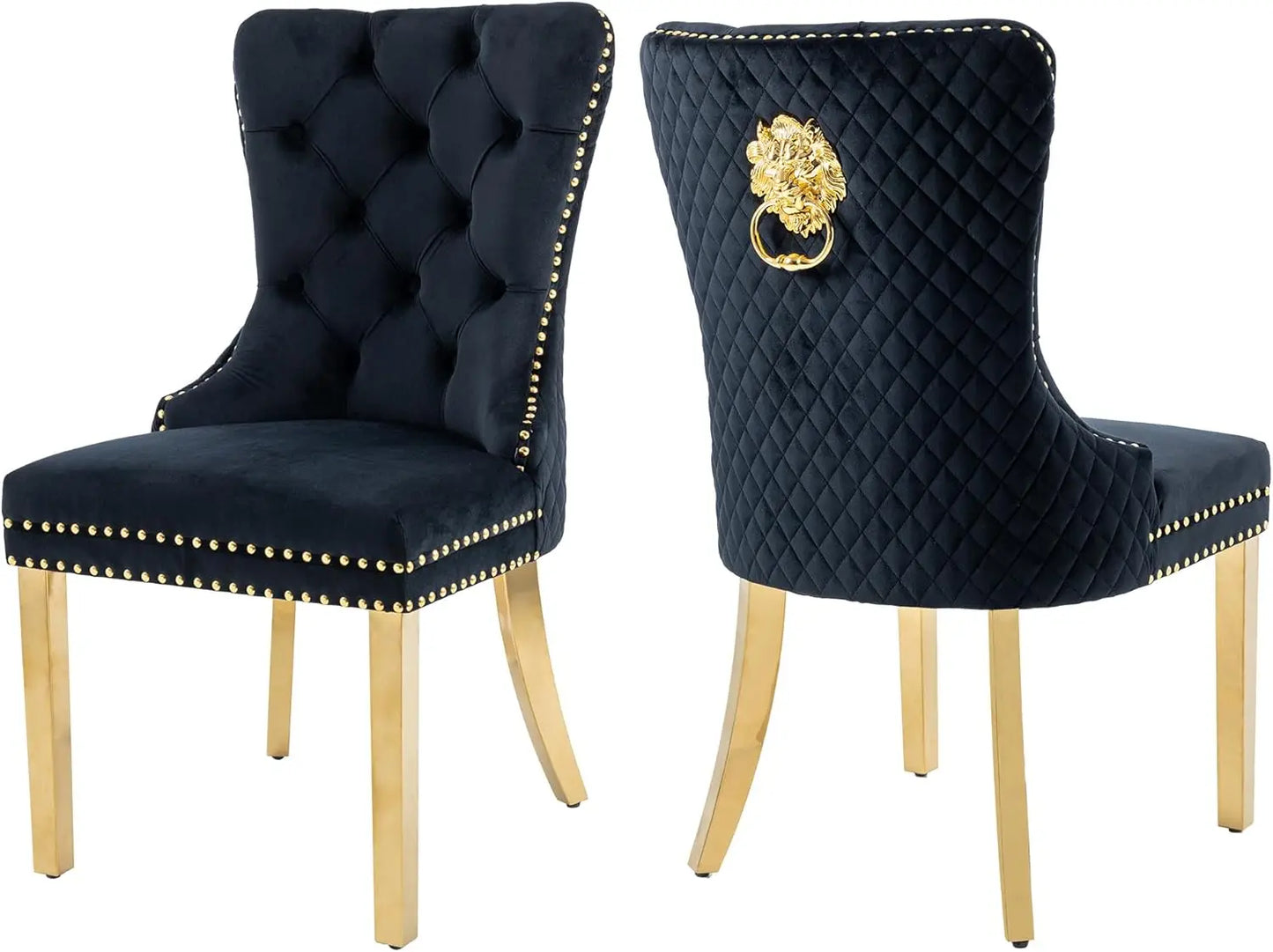 Velvet Dining Chairs Set of 2,  Dining Room Chairs with Gold Metal Legs and Lion Head Pull Ring