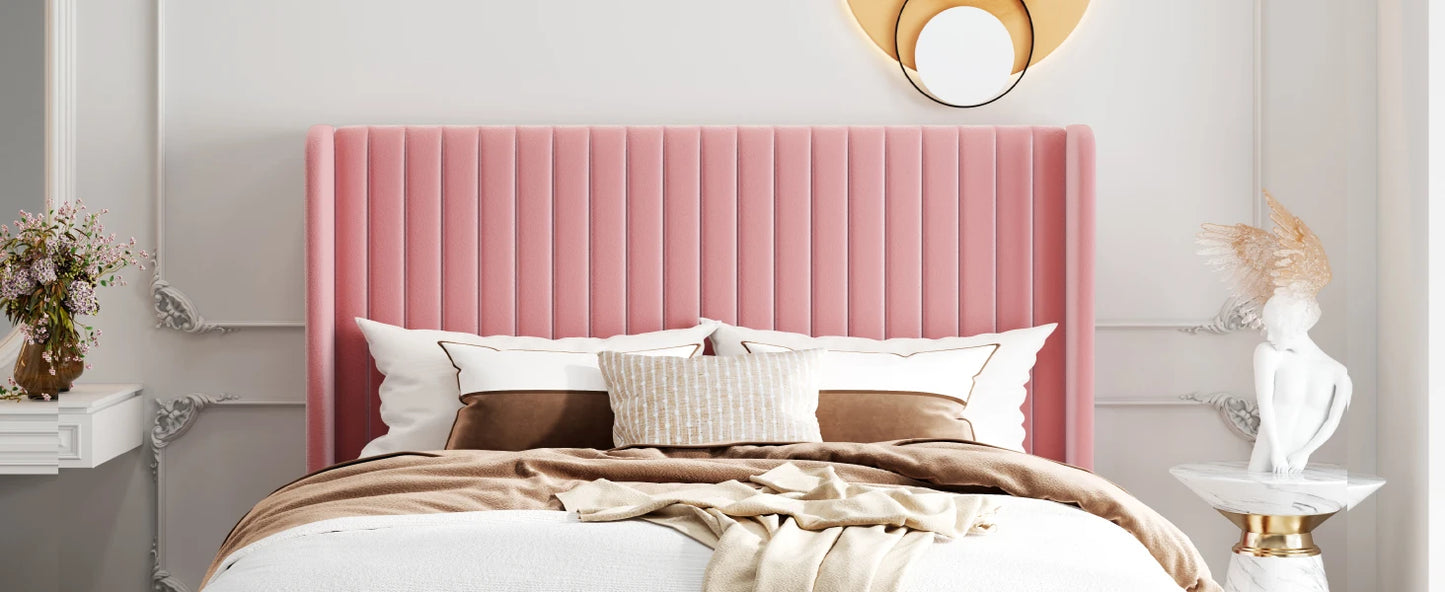 Velvet Upholstered Bed Frame, Vertical Channel Tufted Wingback Headboard, Wooden Slats