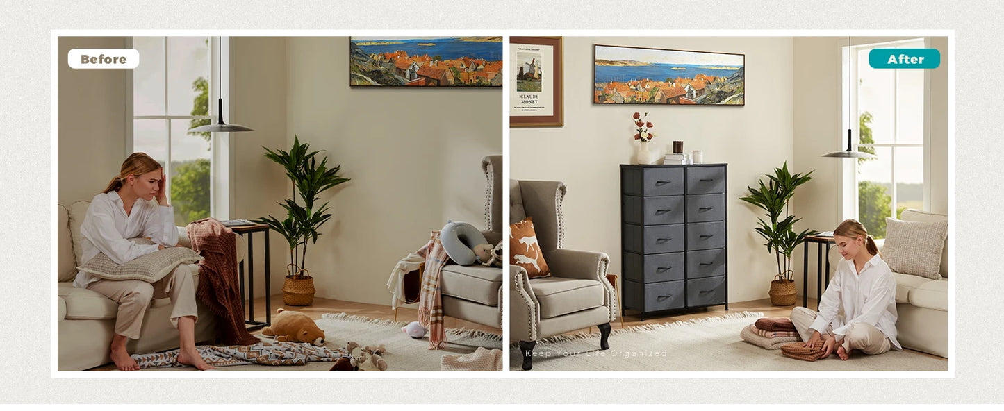 Bedside Table For Bedroom With 10 Fabric Drawers Nightstand Storage Cabinet With Steel Frame