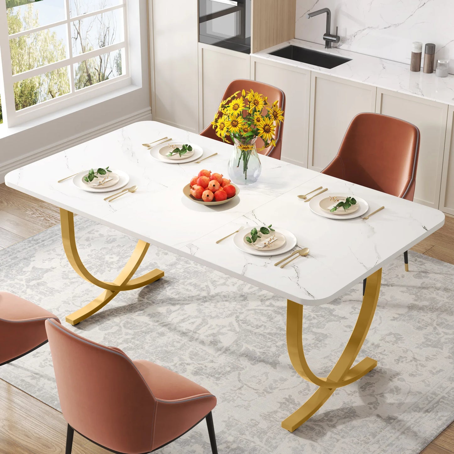 63" Modern Dining Table Kitchen Table with Faux Marble Top