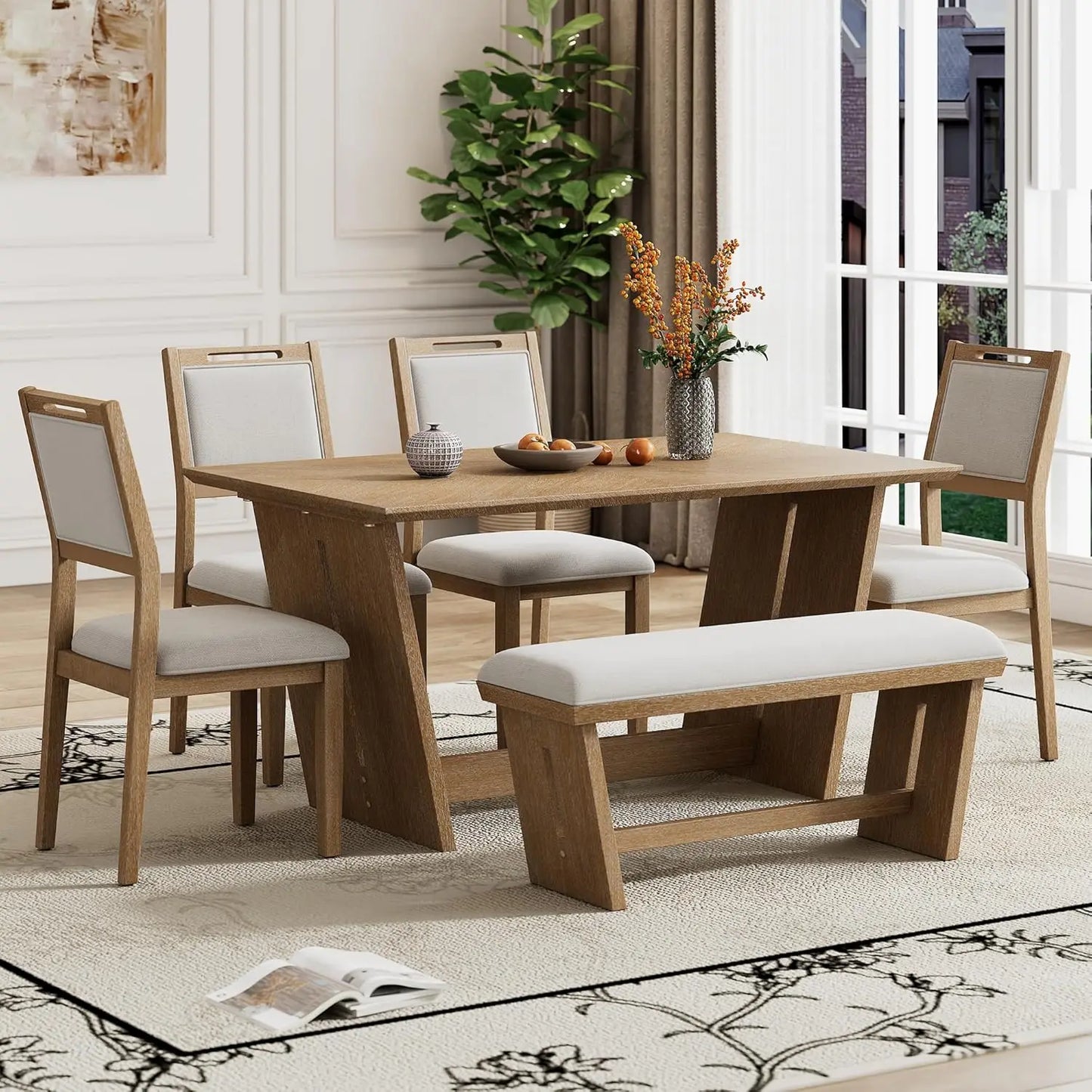 6-Piece Retro Dining Set for 6 Dining Table Set with 4 Upholstered Chairs & 1 Bench Rectangular Table Set with Designed Trestle