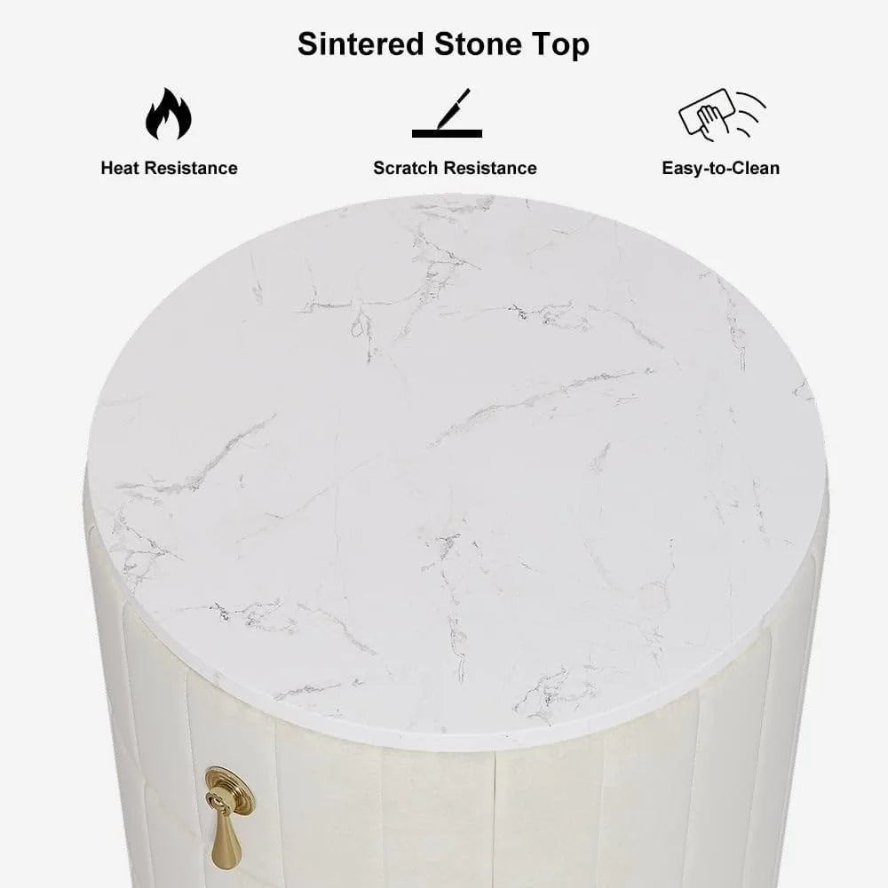 White Velvet Nightstand with Storage, Round Bedside Table with 3 Drawers, Stone Top Night Table for Bedroom