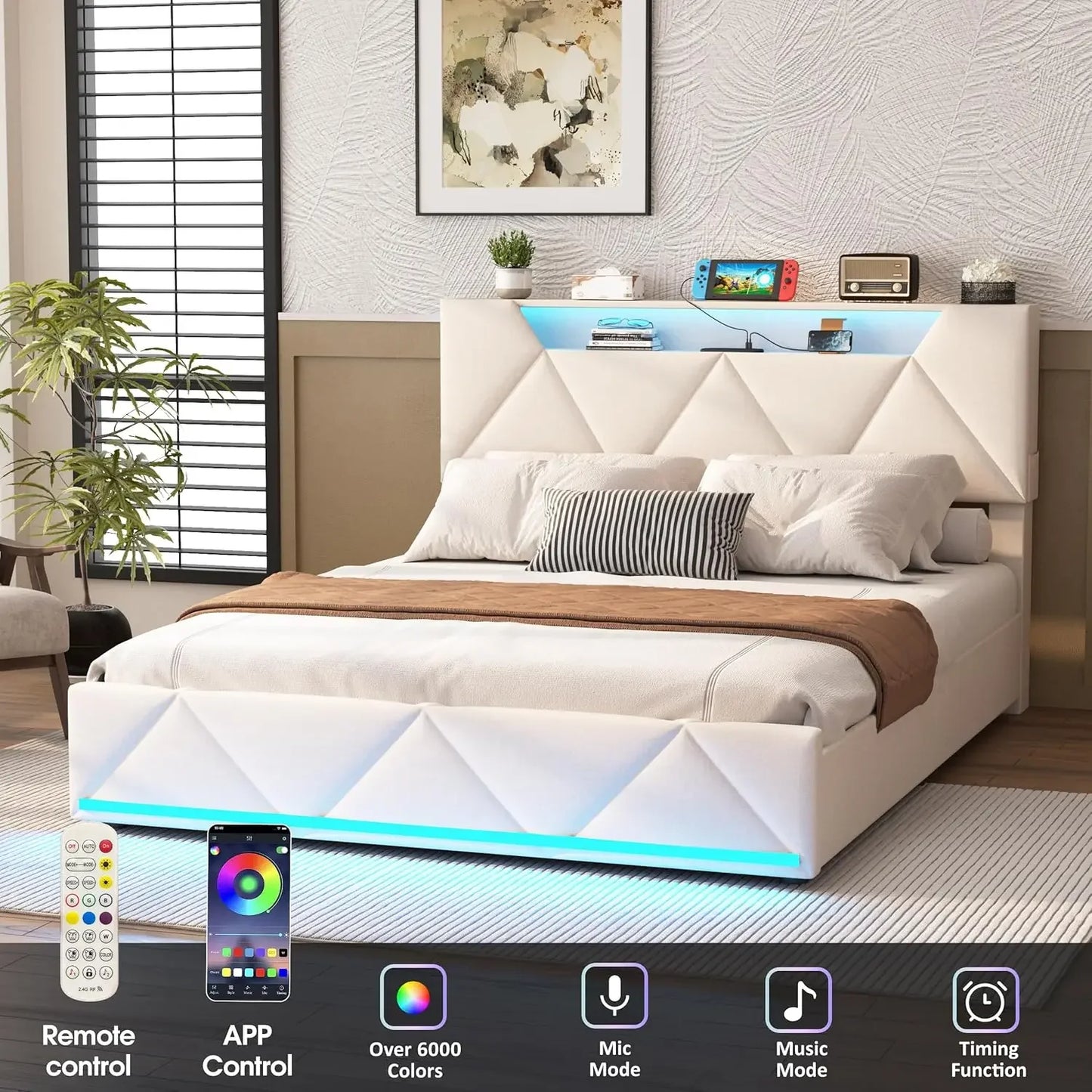 Bed Frame Queen with Storage Headboard&4 Drawers Upholstered Platform Bed Frame with Charging Station &LED Lights