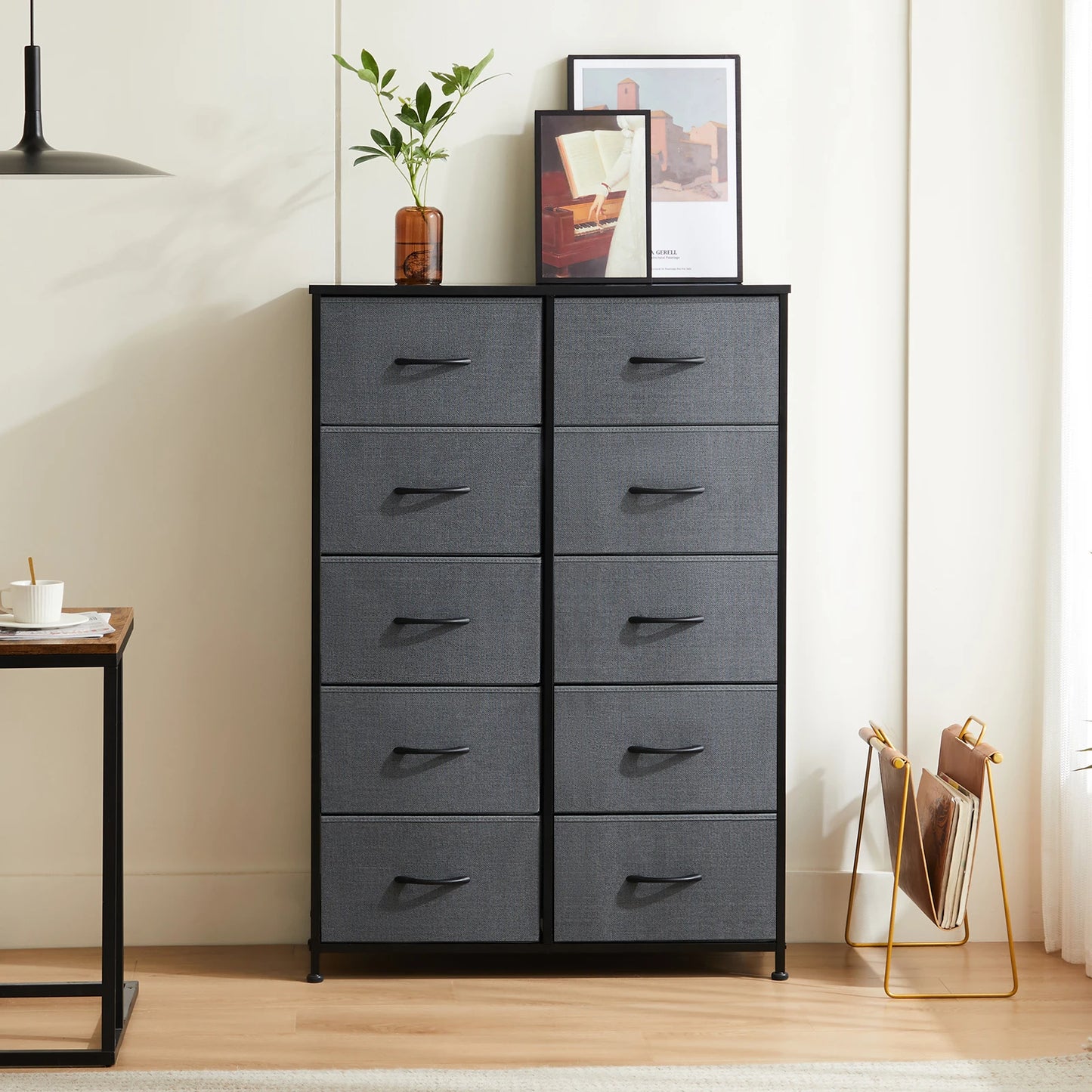 Bedside Table For Bedroom With 10 Fabric Drawers Nightstand Storage Cabinet With Steel Frame