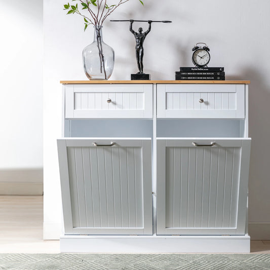 Double Tilt Out Trash Cabinet 20 Gallon, Freestanding Wooden Kitchen Trash Recycling Cabinet with Drawer & Removable Cutting Boa