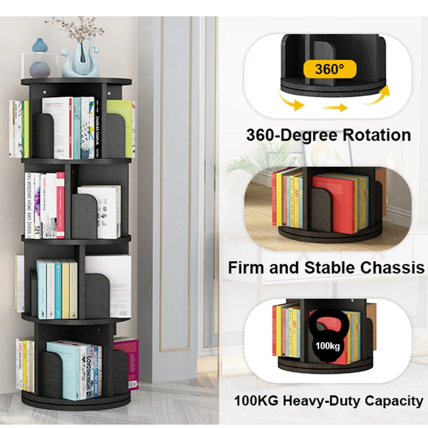 4 Tier Rotating Bookshelf Tower Floor Standing Storage Rack 360 Degree Revolvin Bookcase  Narrow Bookshelf Organizer for Home