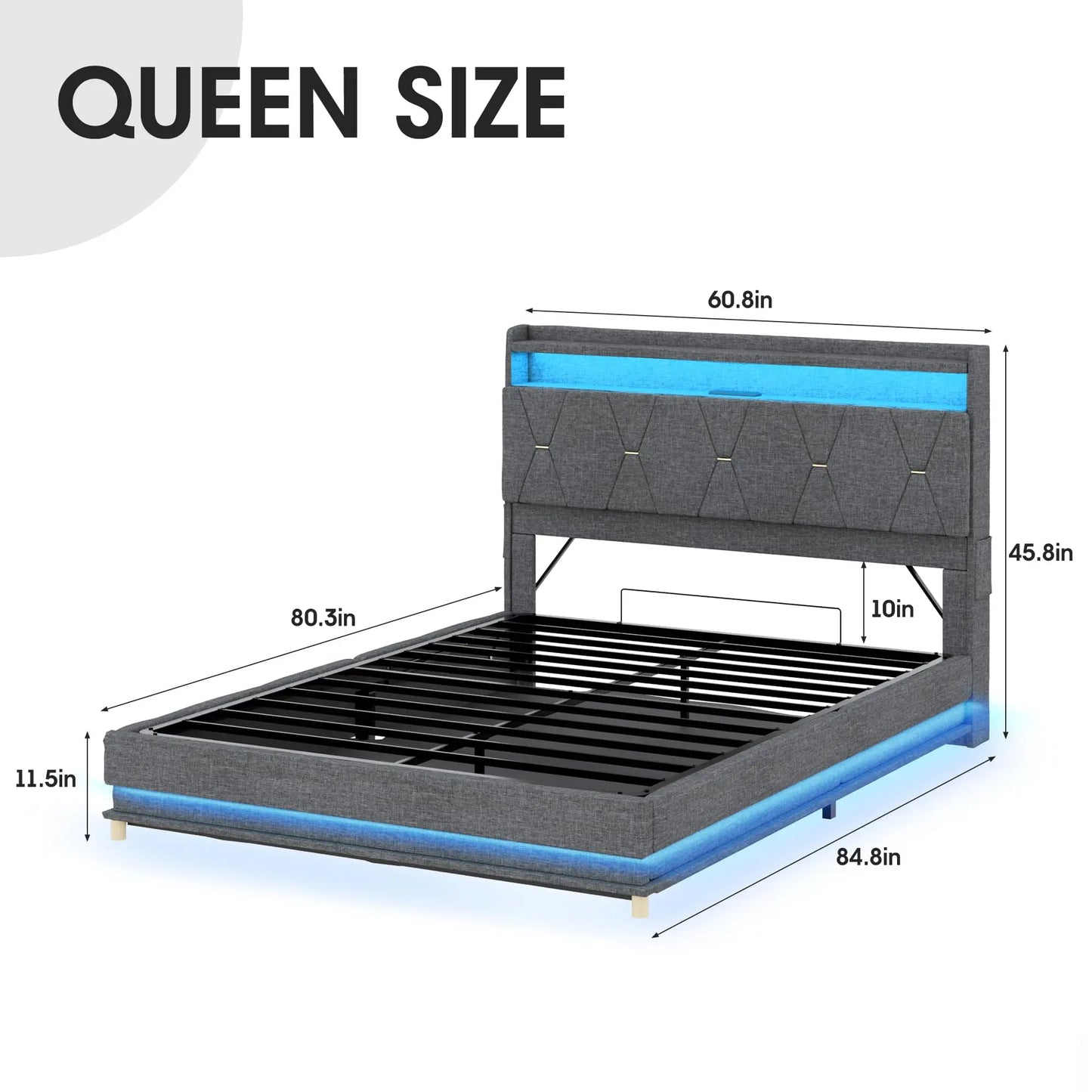 Lift Up Bed Frame with Storage Headboard &Power Outlet, LED Lights Upholstered Platform Bed Frame for Bedroom Noise-Free