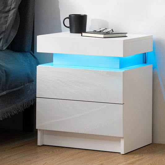 Nightstand RGB LED Light Bedside Table Cabinet with 2 Drawer Bedroom High Gloss