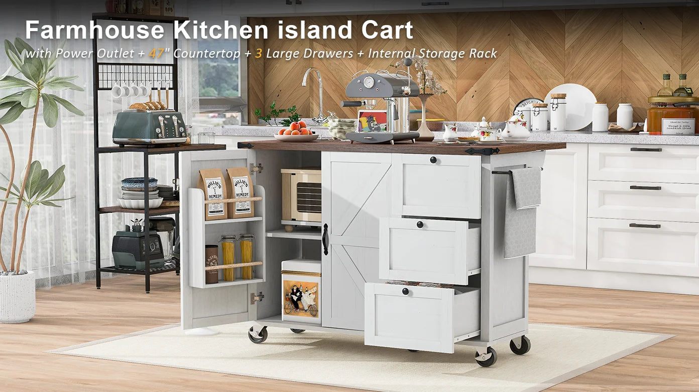 54.5" Farmhouse Kitchen Island with Power Outlet, Kitchen Storage Island  with Internal Storage Rack, Drop Leaf, Spice Rack