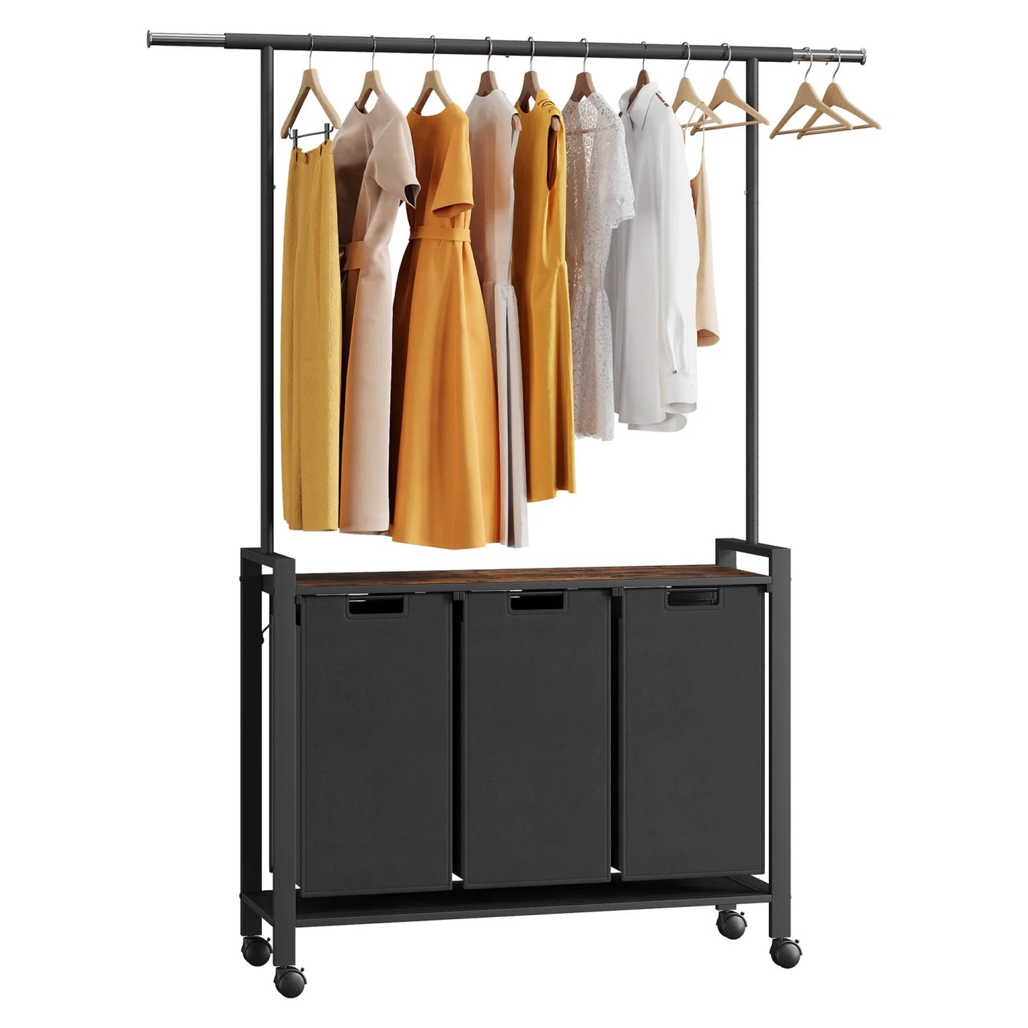 Laundry Sorter With Extendable Hanging Bar Laundry Basket With Wheels And Shelf, Laundry Room Organization And Storage