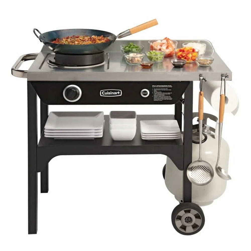 Outdoor Wok Station with 50,000 BTU Propane Burner 14 Inch Carbon Steel Pan Stainless Steel Prep Table Mobile Cooking Setup