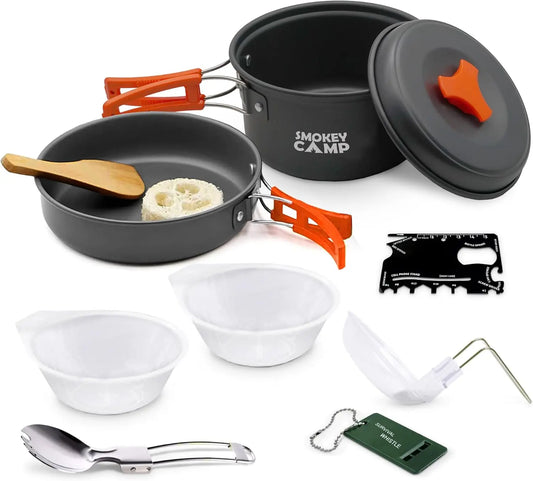 Camping Cookware Mess Kit Set with Stove - Backpacking Camping Pots and Pans Set All in One Non-Stick Camping Cooking Set