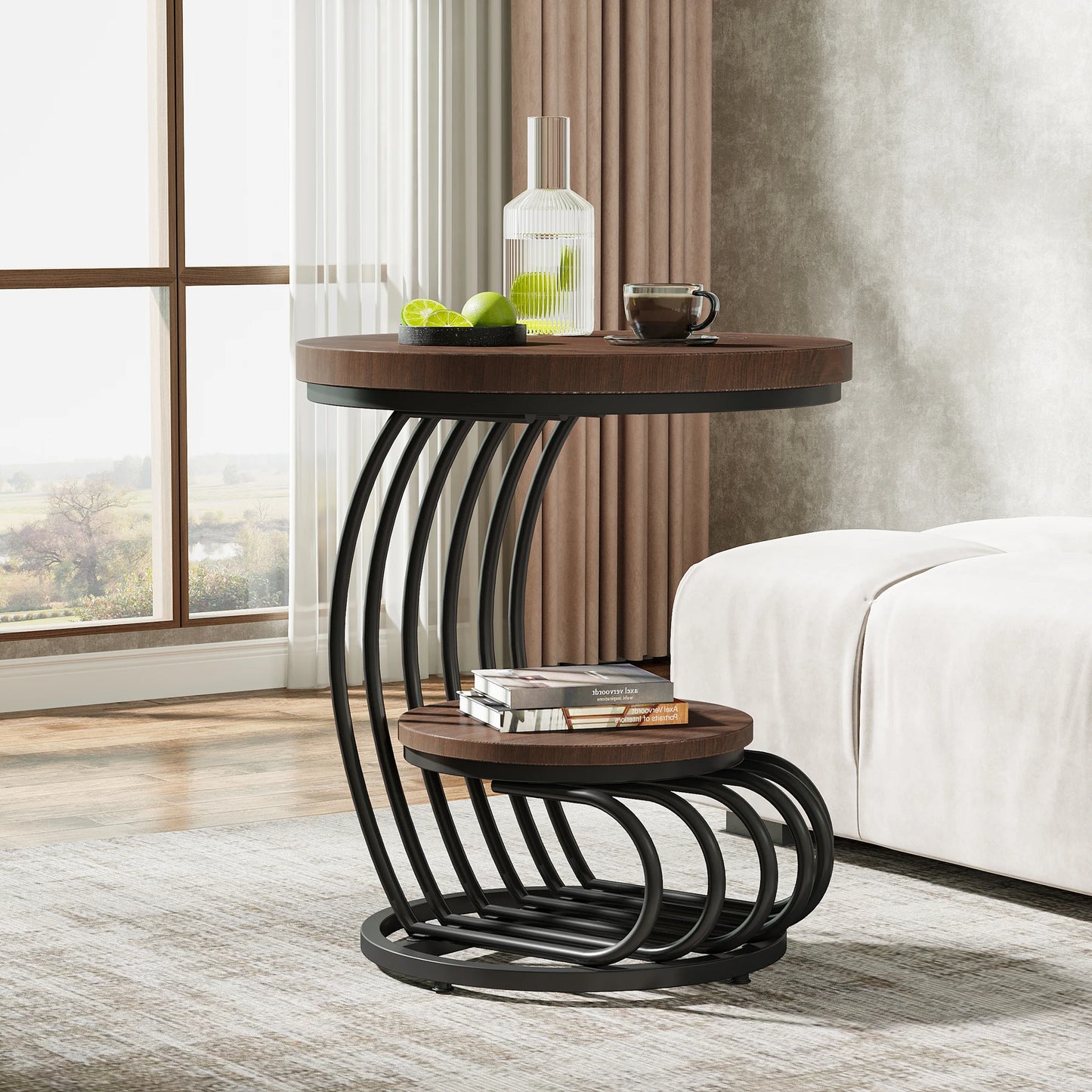 Gold Round End Table: 2 Tiers Faux Marble Side Table with Storage Shelf, Modern White Gold Bedside Nightstand