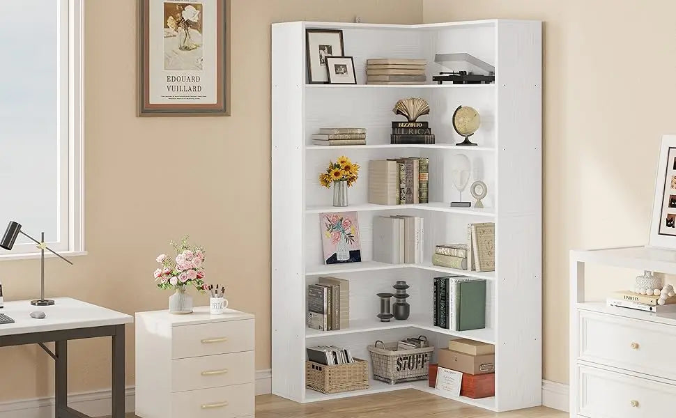 Corner Bookshelf with Baffles, Corner Bookcases 6 Tiers, Shelf Storage Rack for Living Room, Home Office