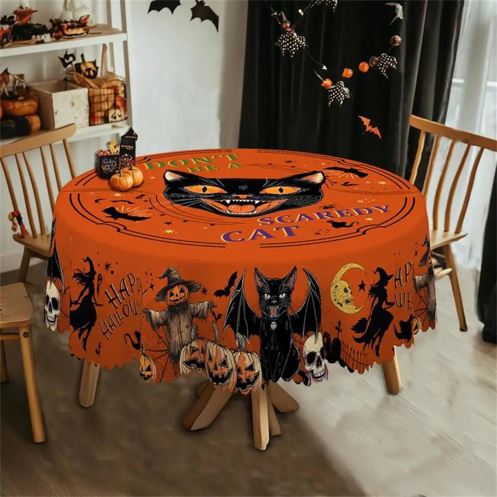 Halloween Decorative Printed Tablecloth, Pumpkin Bat Witch Ghost Pattern Rectangular/Round Tablecloth.