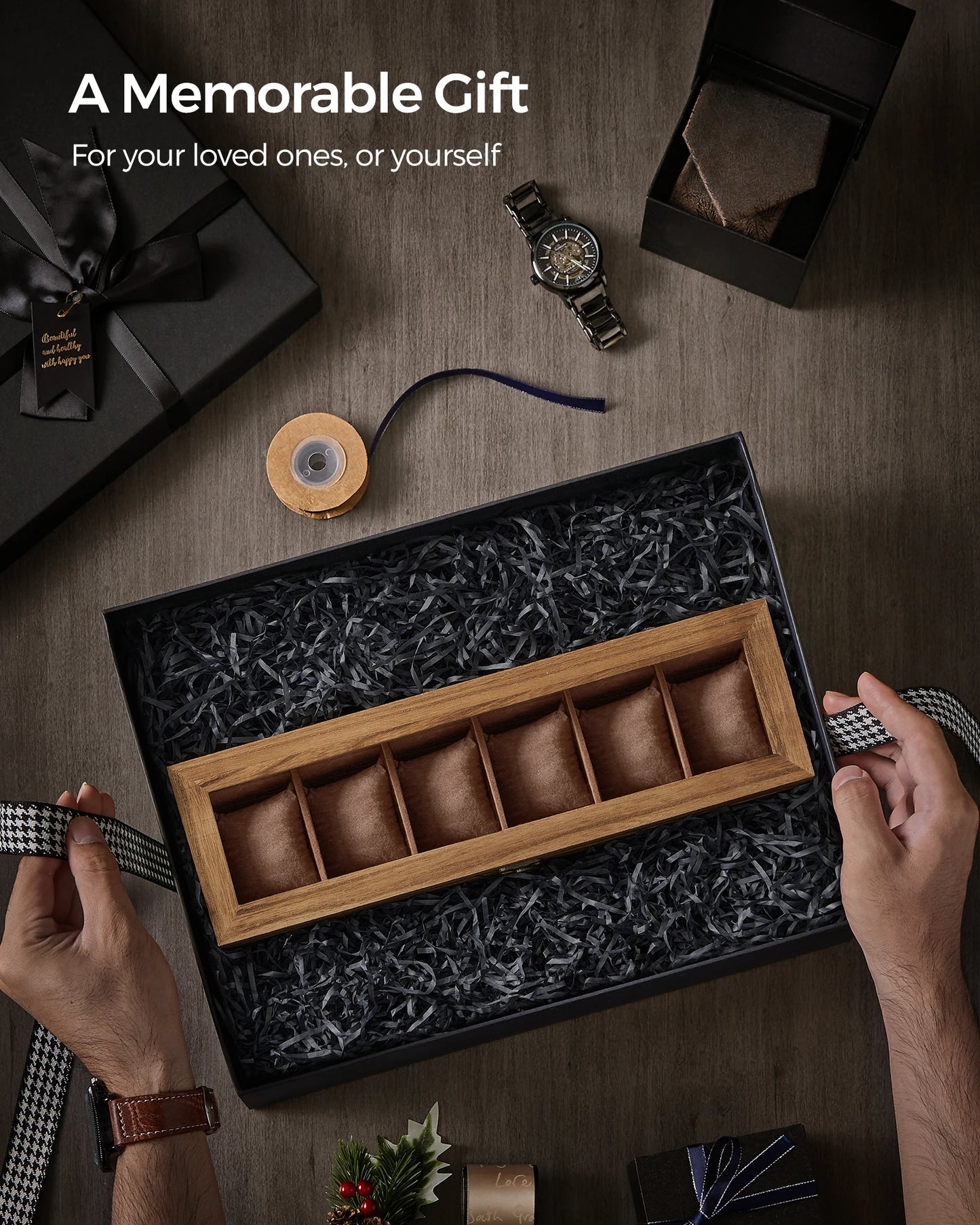 Watch Box, 6-Slot Watch Case, Solid Wood Watch Box Organizer with Glass Lid, Watch Display Case with Removable Pillows