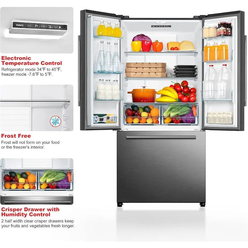 French Door Refrigerator with Installed Ice Maker and Bottom Freezer Adjustable Electrical Thermostat Control