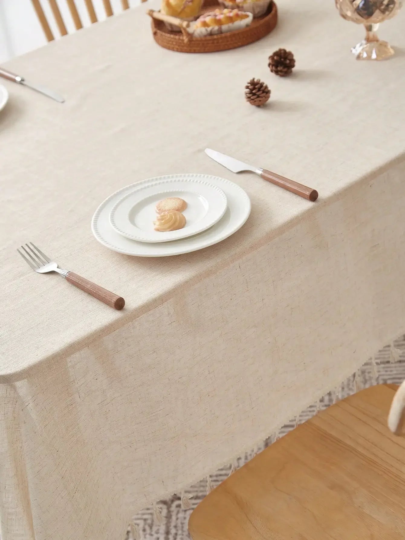 Beige linen square tablecloth, retro countryside style, kitchen living room coffee table
