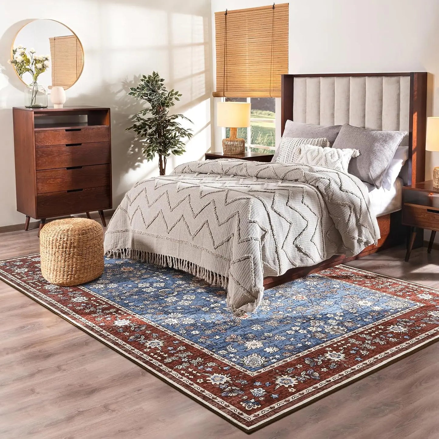 Washable Area Rugs for Living Room Bedroom Vintage Floral Print  Rug Soft Low Pile Non Slip