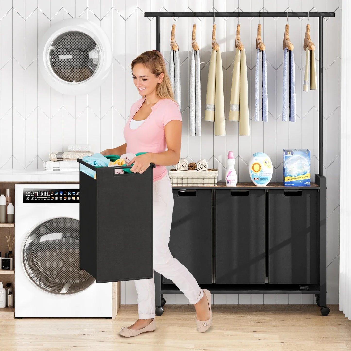 Laundry Sorter With Extendable Hanging Bar Laundry Basket With Wheels And Shelf, Laundry Room Organization And Storage