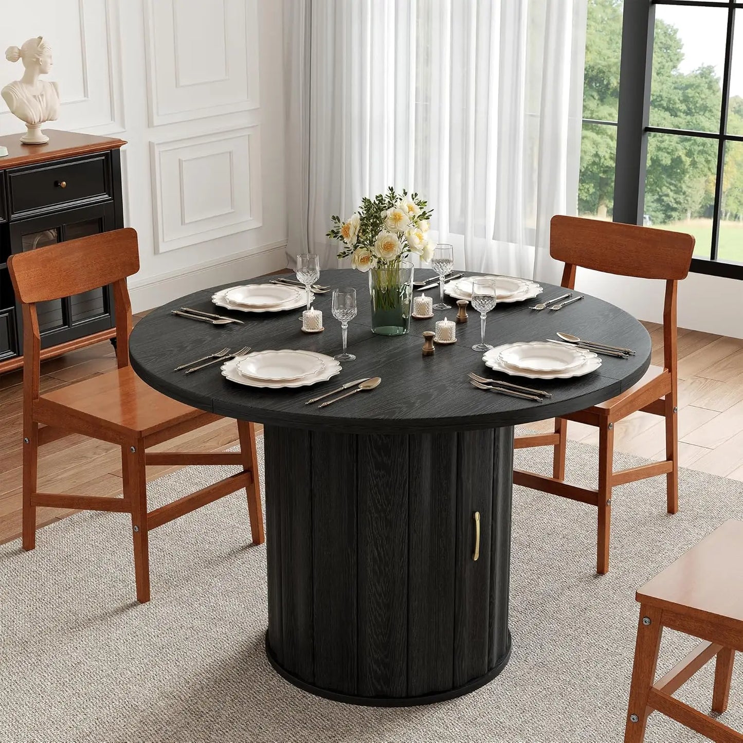 47 Inch Round Dining Table, Modern Round Wood Dining Table Rustic Kitchen Table for 4-6 People with Hidden Shelves for Dining