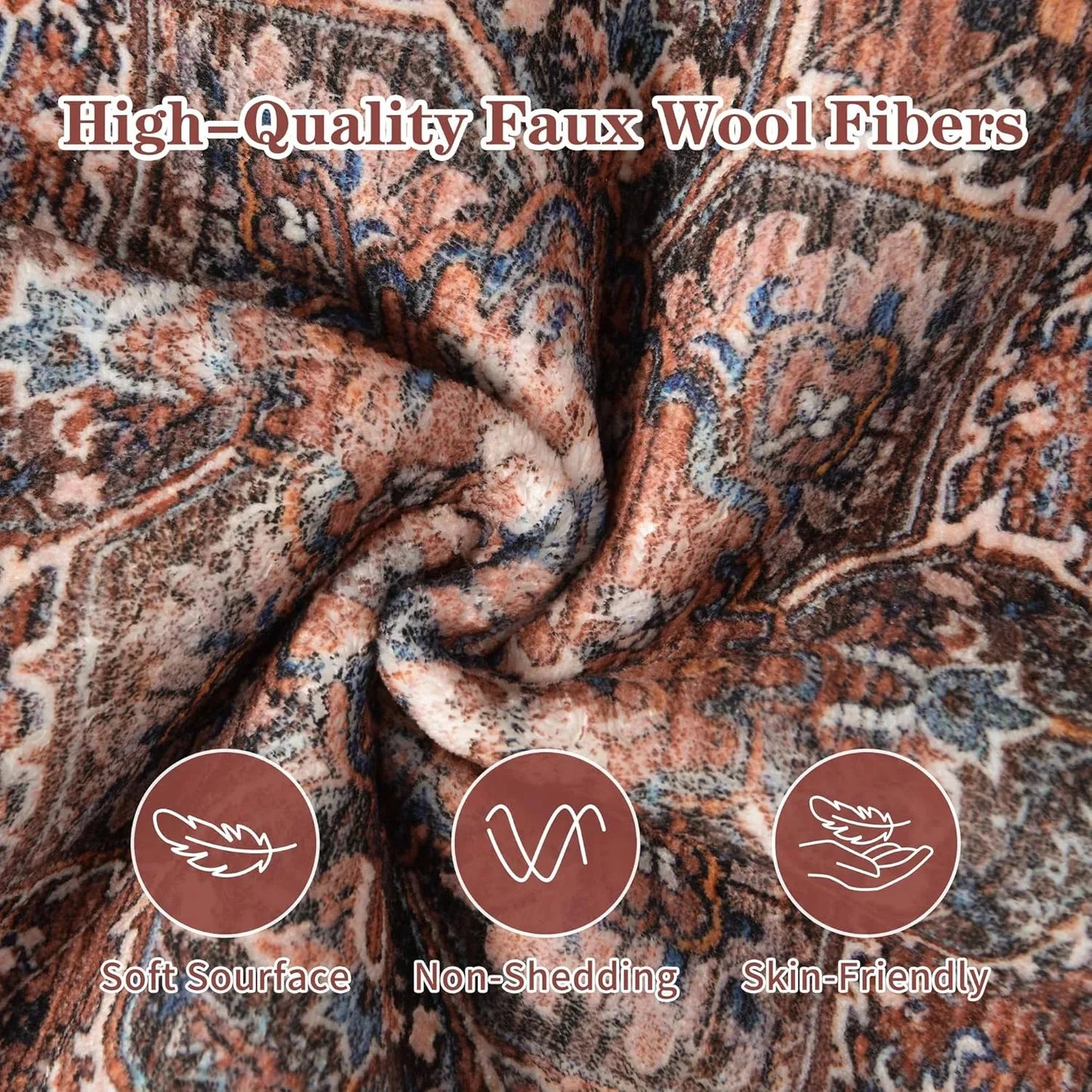 Faux Cashmere Vintage Printed Rug Area Rugs, Low Pile Rugs for Living Room Bedroom