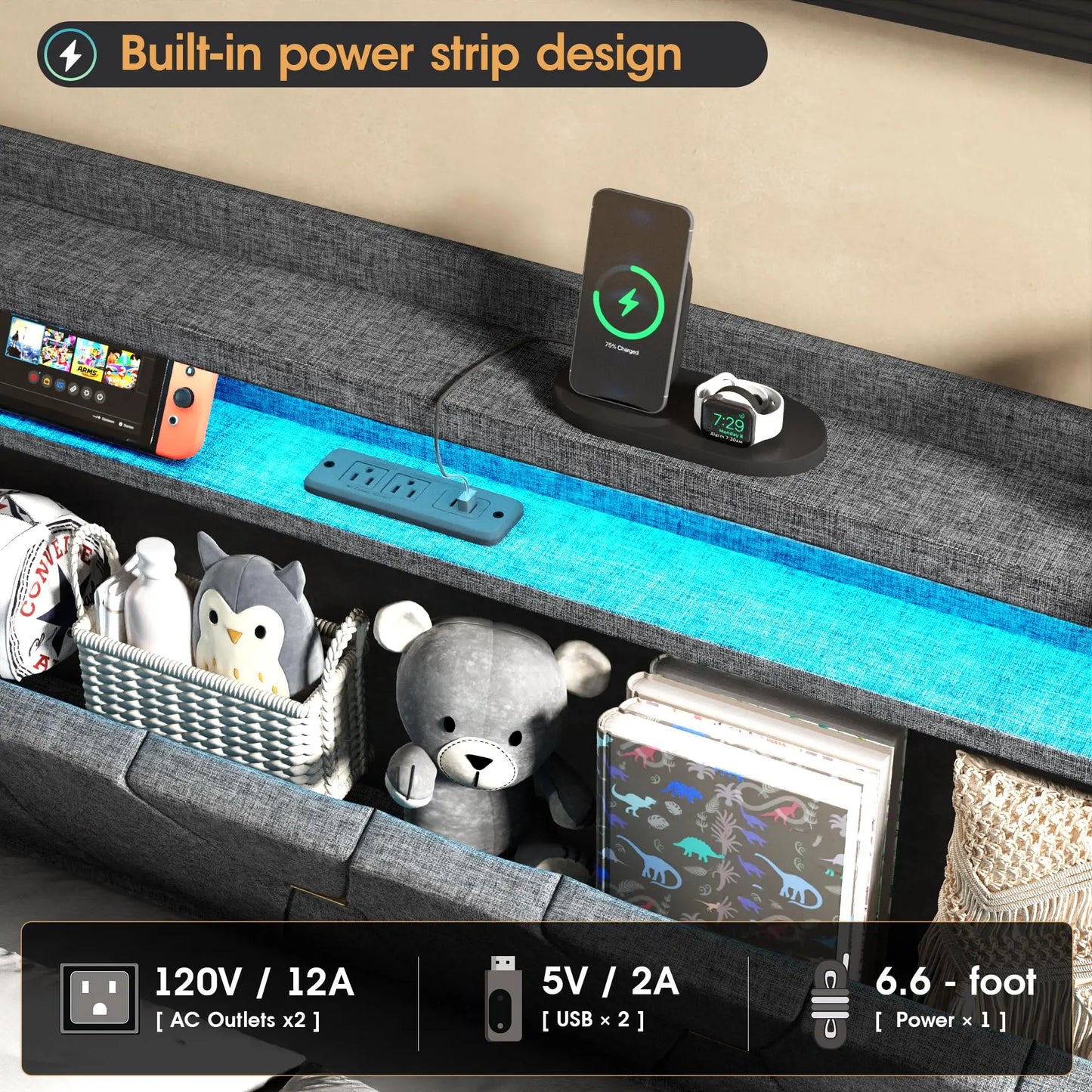 Lift Up Bed Frame with Storage Headboard &Power Outlet, LED Lights Upholstered Platform Bed Frame for Bedroom Noise-Free