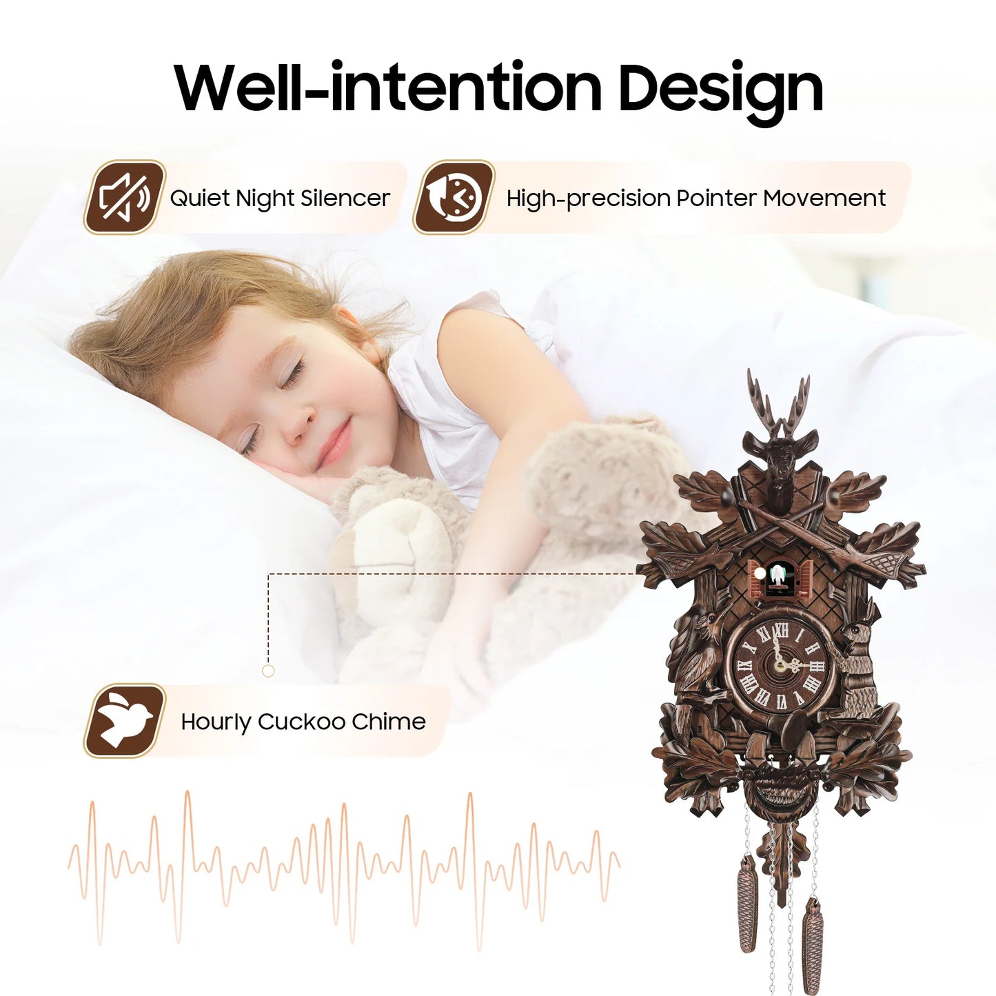 Wooden Cuckoo Clock with Pendulum Bird Automatic Chiming for Living Room Kitchen Office Wall Silent Quartz Movement