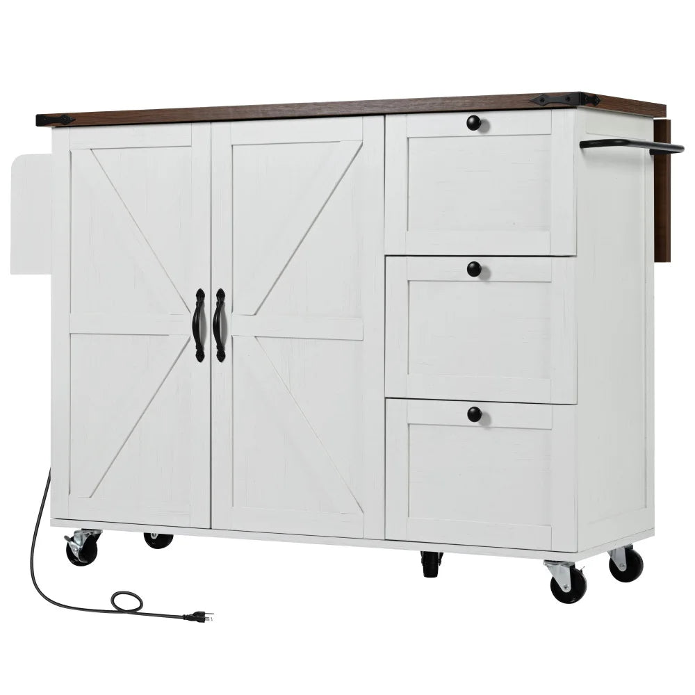 54.5" Farmhouse Kitchen Island with Power Outlet, Kitchen Storage Island  with Internal Storage Rack, Drop Leaf, Spice Rack