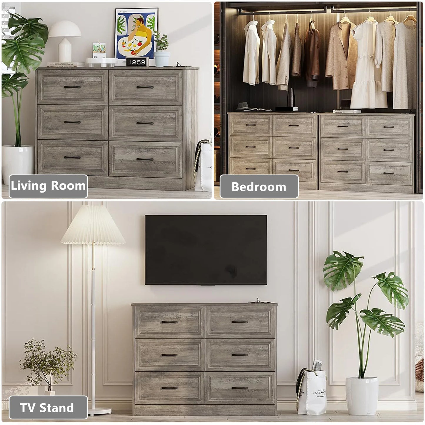 6 Drawer Dresser for Bedroom Wood Chest of Drawers with Power Strip