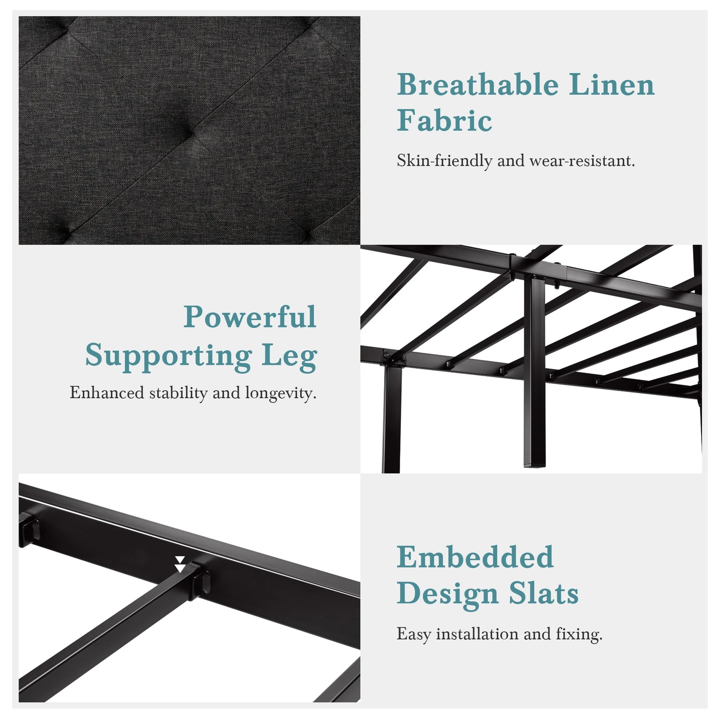 Metal Bed Frame with Upholstered Finely Stitched Headboard, Linen Fabric, Sturdy Foundation, No Box Spring Needed
