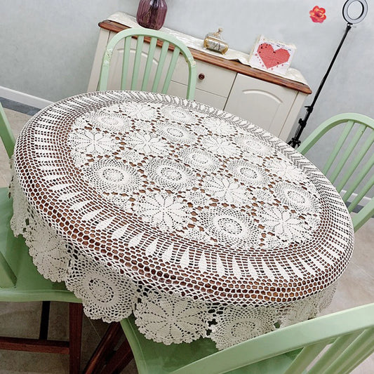 White Crochet Round Tablecloth, Handmade Cotton Floral Lace Doily, Vintage Countryside Decor for Dining Room, 51Inch Diameter