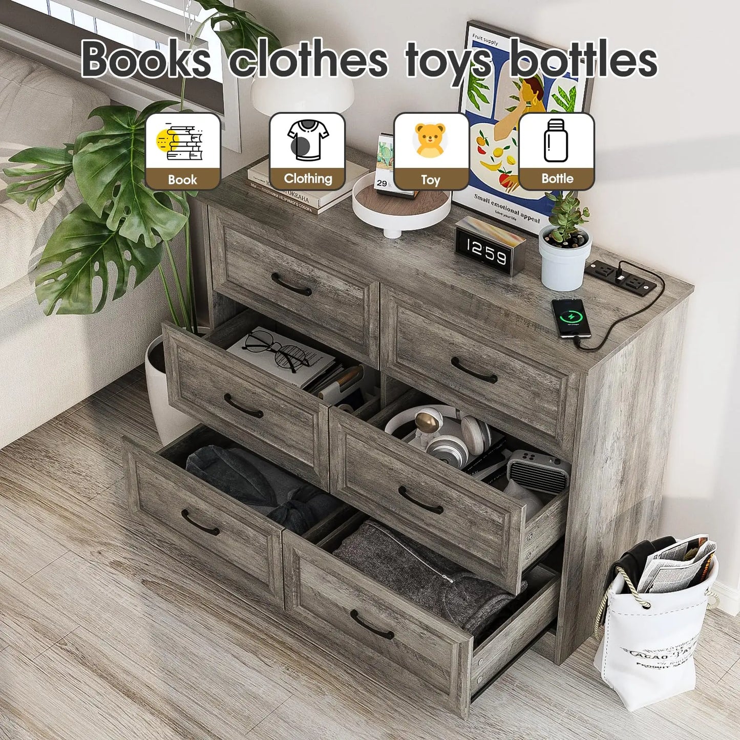 6 Drawer Dresser for Bedroom Wood Chest of Drawers with Power Strip